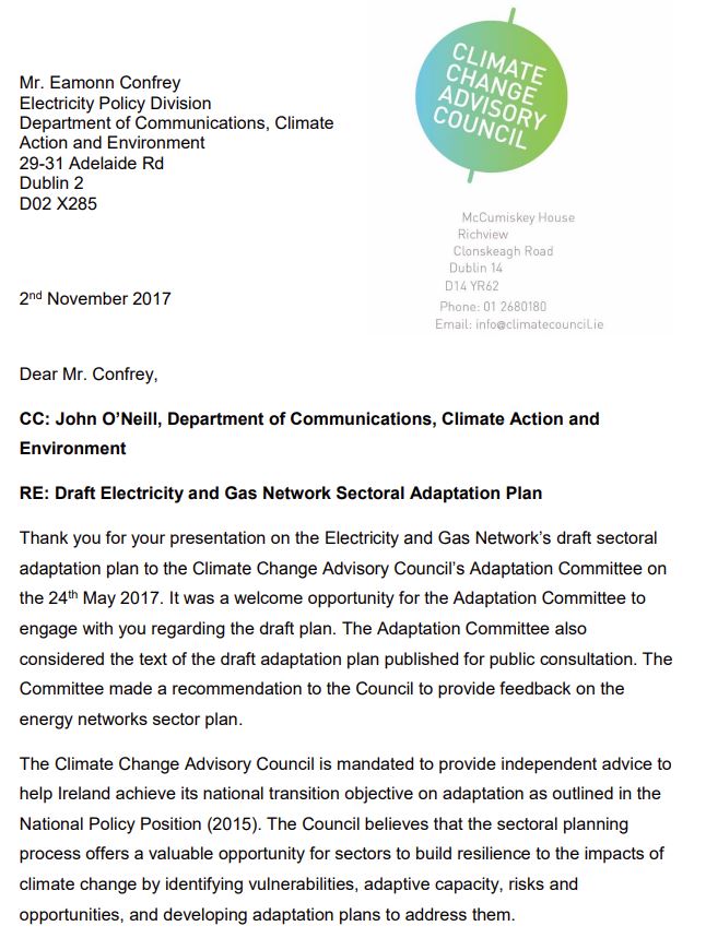Response to the draft Electricity & Gas Network Sectoral Adaptation Plan